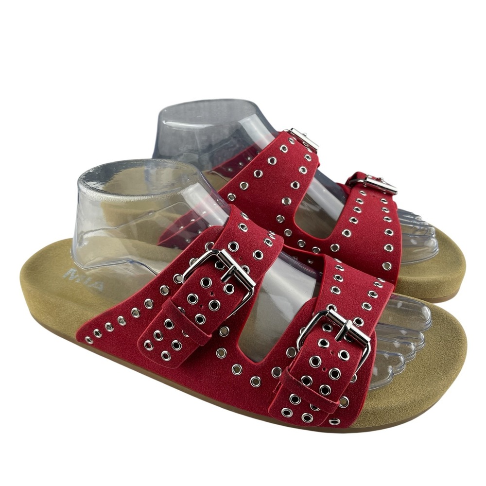 MIA Womens Brooklyn Slide Sandals 11M Red Faux Suede Grommet Buckle Double Strap